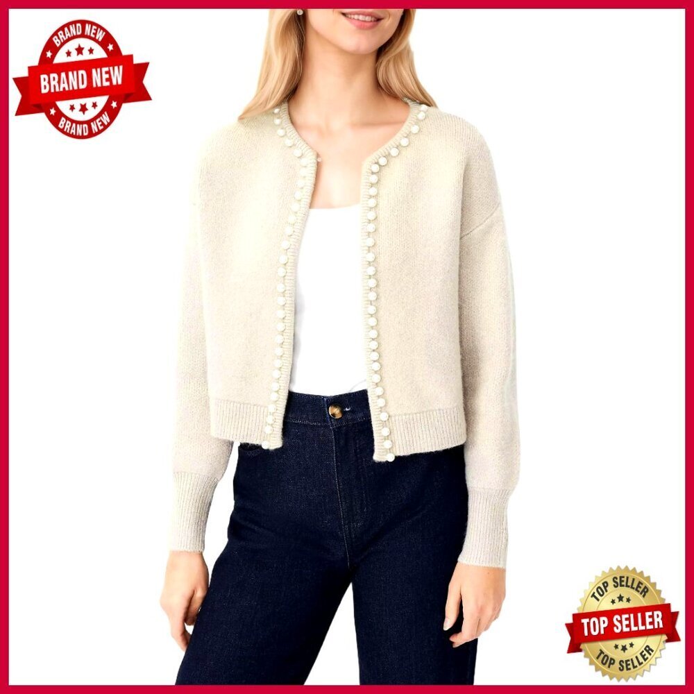 Open Front Cardigan Sweater Long Sleeve Pearl Trim Cropped Embellished Knit